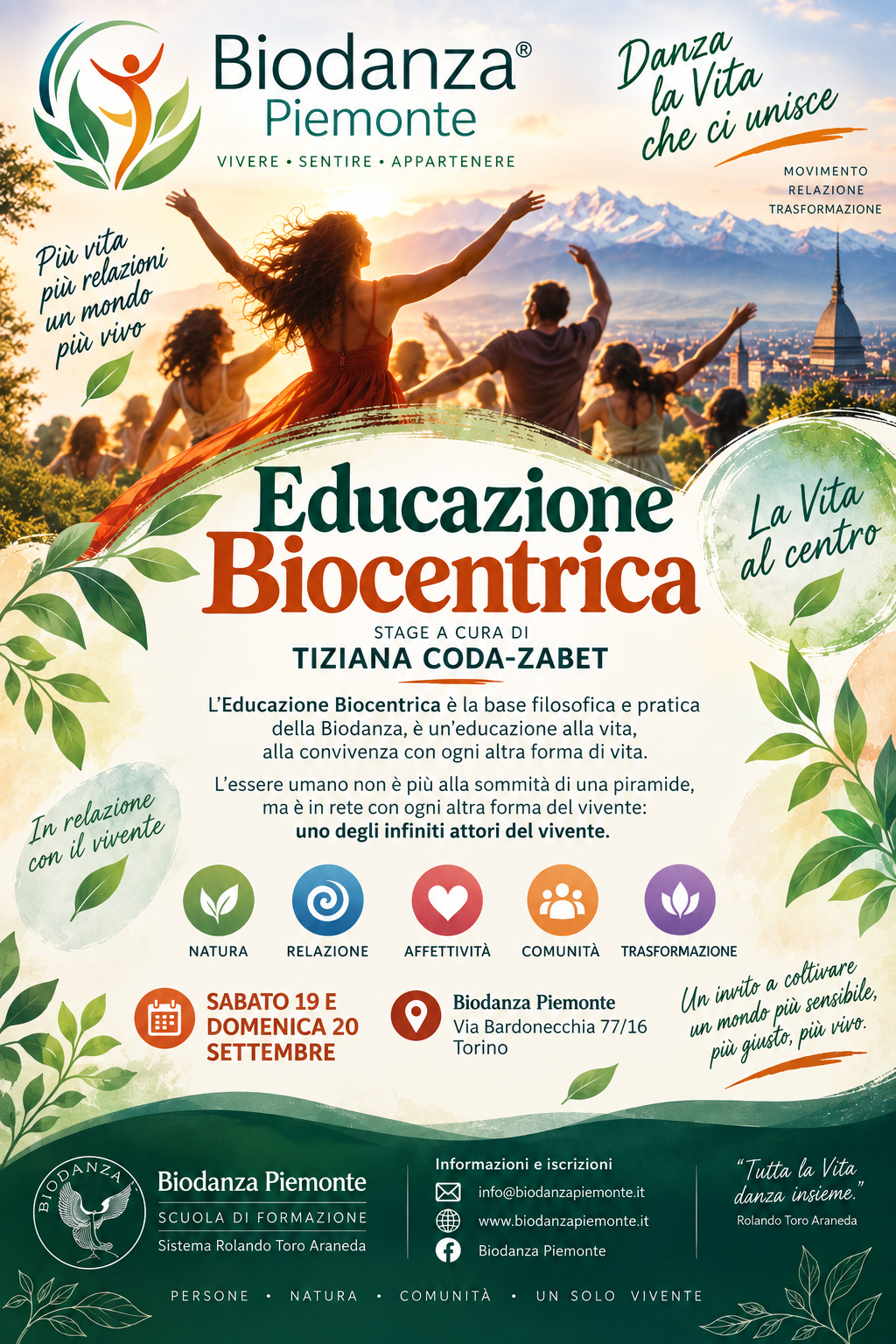 Locandina: Educazione Biocentrica — Stage a cura di Tiziana Coda-Zabet. Sabato 19 e Domenica 20 Settembre. Biodanza Piemonte, Via Bardonecchia 77/16, Torino. Natura, Relazione, Affettività, Comunità, Trasformazione.
